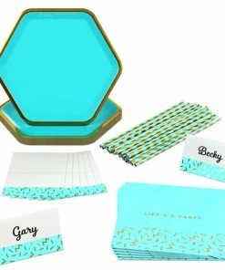 Hallmark Color Pop 60-Piece Tableware Premium Party Kit, Aqua Hexagon