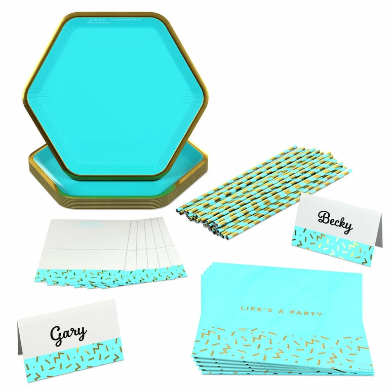 Hallmark Color Pop 60-Piece Tableware Premium Party Kit, Aqua Hexagon 1 Hallmark Color Pop 60-Piece Tableware Premium Party Kit, Aqua Hexagon