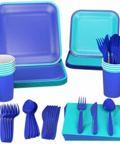 Hallmark Color Pop 96-Piece Tableware Basics Party Kit, Aqua And Indigo