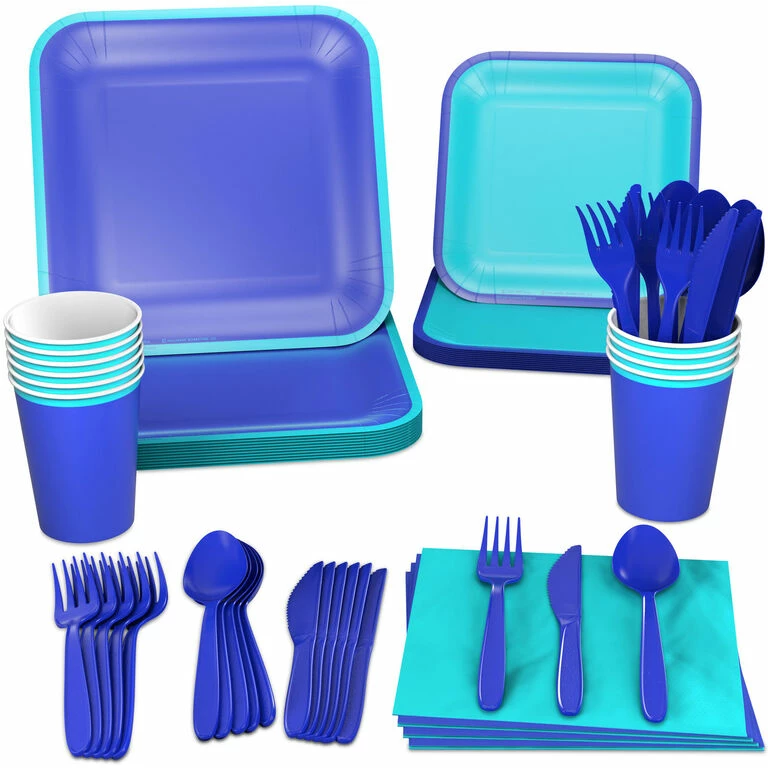 Hallmark Color Pop 96-Piece Tableware Basics Party Kit, Aqua And Indigo 1 Hallmark Color Pop 96-Piece Tableware Basics Party Kit, Aqua And Indigo