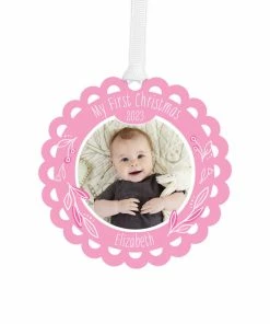 Hallmark Baby’s First Christmas Pink Scalloped Personalized Text And Photo Metal Ornament