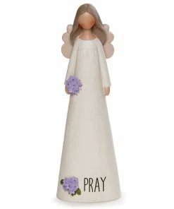 Blossom Bucket Pray Angel With Purple Flowers, 7.25"