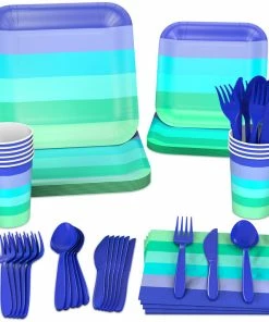 Hallmark Color Pop 96-Piece Tableware Basics Party Kit, Cool Ombré Stripe