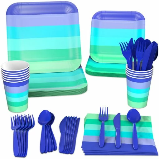 Hallmark Color Pop 96-Piece Tableware Basics Party Kit, Cool Ombré Stripe 6 Hallmark Color Pop 96-Piece Tableware Basics Party Kit, Cool Ombré Stripe -Department Store Shop Blue Green Stripe Party in a Box Party Supplies 5CLP1009 01