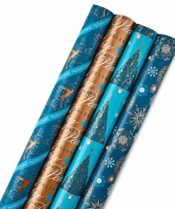 Hallmark Elegant Blues 4-Pack Blue And Gold Reversible Wrapping Paper, 150 Sq. Ft.
