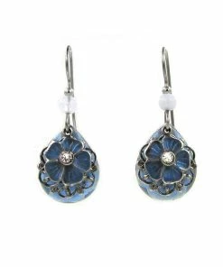 Silver Forest Blue Small Teardrop With Flower Layered Drop Earrings