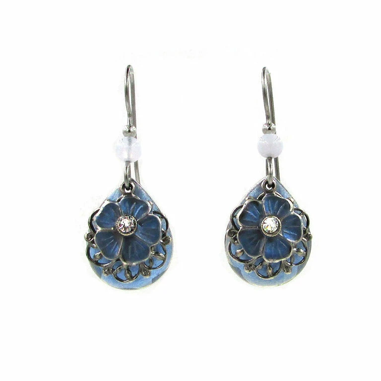 Silver Forest Blue Small Teardrop With Flower Layered Drop Earrings 1 Silver Forest Blue Small Teardrop With Flower Layered Drop Earrings