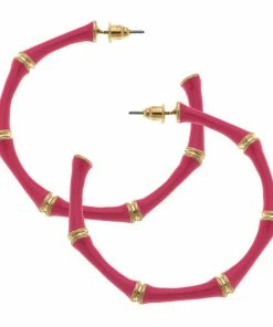 Celeste Pink Enamel Bamboo Hoop Earrings