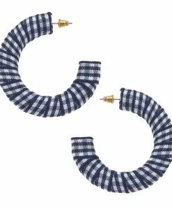 Reese Gingham Hoop Earrings, Navy Blue & White