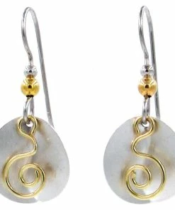 Gold Coil And Silver Creased Disc Drop Earrings