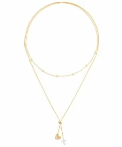 Heart And Cross Charms Giving Necklace, 35" -Department Store Shop Gold Heart and Silver Cross Charms Layered Necklace 1004440103 03