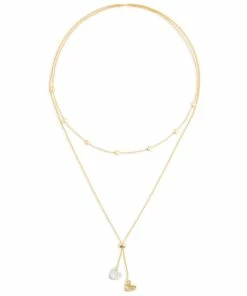 Double Heart Charms Giving Necklace, 35" 5 Double Heart Charms Giving Necklace, 35" -Department Store Shop Gold and Silver Heart Charms Layered Necklace 1004440102 03