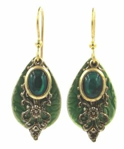 Green Stone And Filigree Layered Metal Drop Earrings