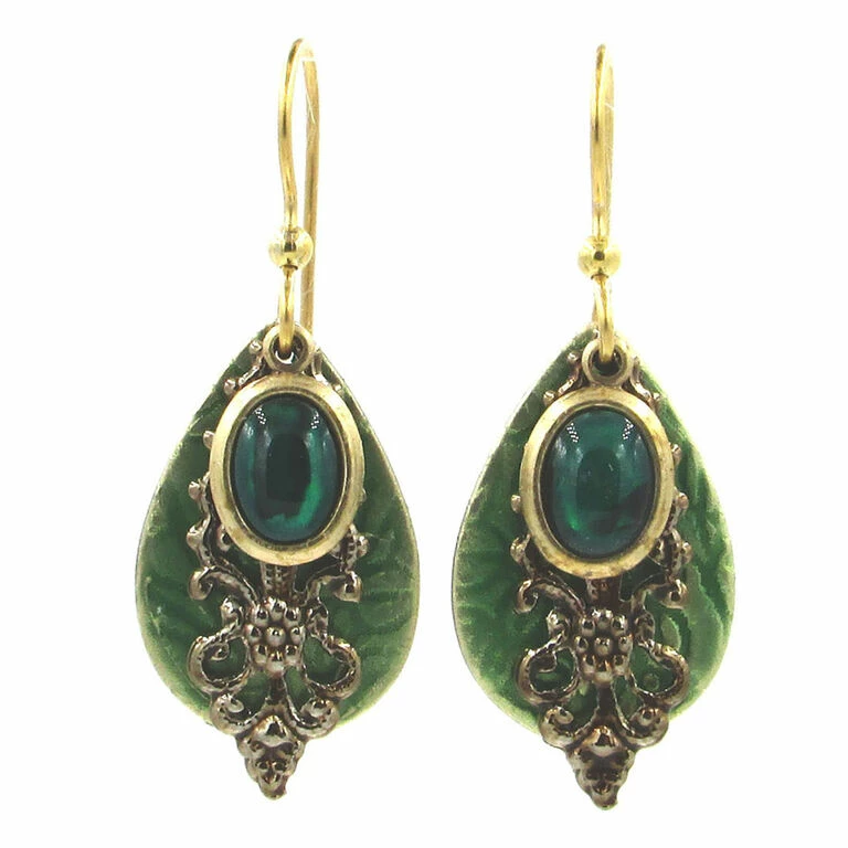 Green Stone And Filigree Layered Metal Drop Earrings 1 Green Stone And Filigree Layered Metal Drop Earrings