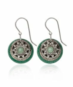 Silver Forest Green Stone And Silver-Tone Metal Flower Layered Drop Earrings