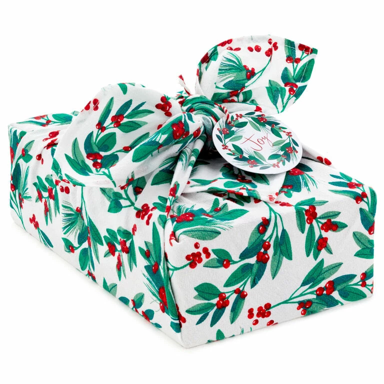 Hallmark 26" Greenery And Berries Christmas Fabric Gift Wrap With Twine And Tag 1 Hallmark 26" Greenery And Berries Christmas Fabric Gift Wrap With Twine And Tag