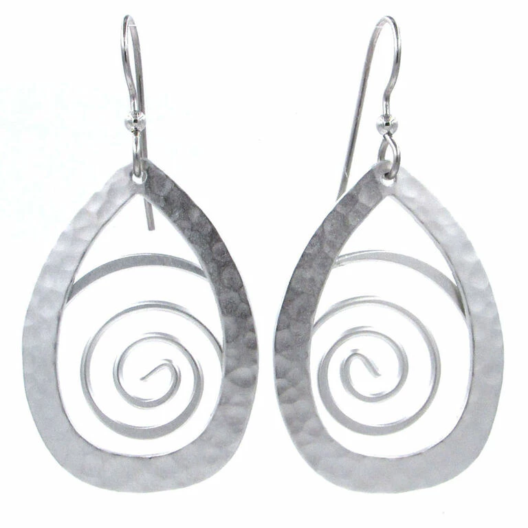 Hammered Silver Teardrop With Coil Metal Drop Earrings 1 Hammered Silver Teardrop With Coil Metal Drop Earrings