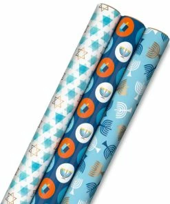 Hallmark Blue Hanukkah Designs 3-Pack Wrapping Paper Assortment, 120 Sq. Ft.