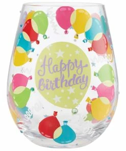 Lolita Happy Birthday Balloons Handpainted Stemless Wine Glass, 20 Oz.