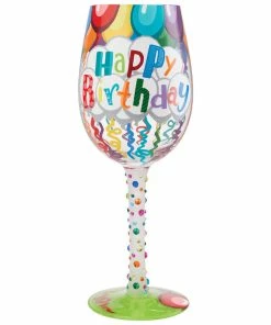 Lolita Happy Birthday Balloons And Streamers Handpainted Wine Glass, 15 Oz.