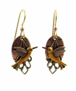 Silver Forest Hummingbird On Layered Mixed Metal Earrings
