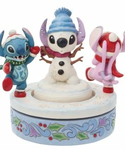 Enesco Jim Shore Disney Stitch And Angel Build A Snowman Rotating Figurine, 6"