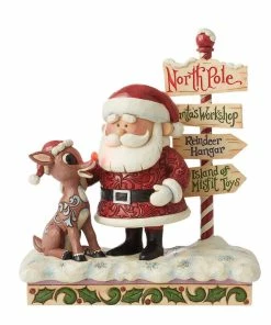 Enesco Jim Shore Rudolph, Santa And North Pole Sign Figurine, 7.68"