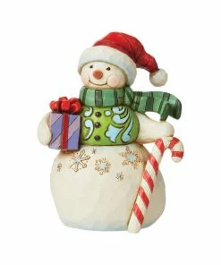 Enesco Jim Shore Snowman With Gift And Candy Cane Mini Figurine, 3.5"