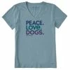 Life Is Good Peace Love Dogs Women's Blue-Gray V-Neck Tee, Medium