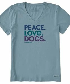 Life Is Good Peace Love Dogs Women's Blue-Gray V-Neck Tee, Medium