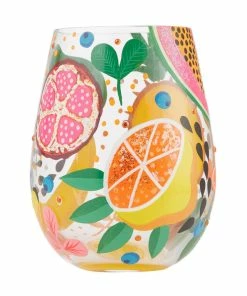 Lolita Tropical Fruit Handpainted Stemless Wine Glass, 20 Oz.