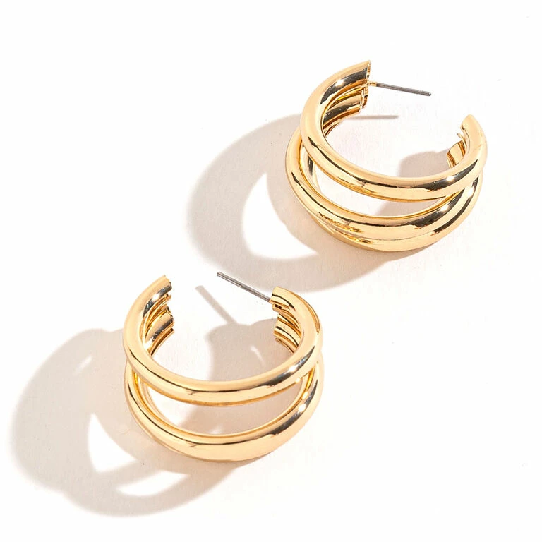 Howard's Jewelry Medium Triple Tube Gold Hoop Earrings 1 Howard's Jewelry Medium Triple Tube Gold Hoop Earrings
