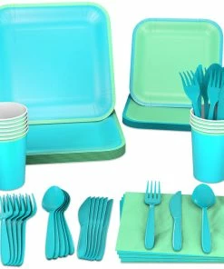 Hallmark Color Pop 96-Piece Tableware Basics Party Kit, Sea Green And Aqua