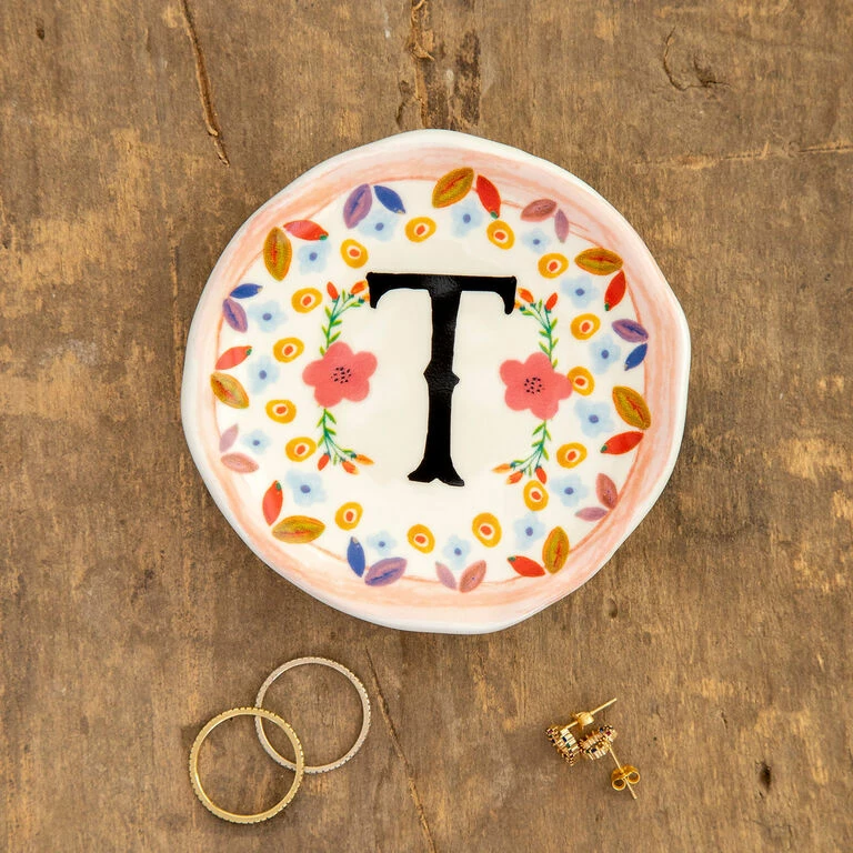 Natural Life Initial Trinket Dish, T 1 Natural Life Initial Trinket Dish, T