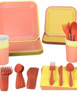 Hallmark Color Pop 96-Piece Tableware Basics Party Kit, Orange And Yellow