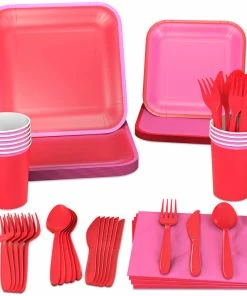 Hallmark Color Pop 96-Piece Tableware Basics Party Kit, Red And Pink