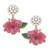 Pearl Cluster And Pink Hibiscus Drop Earrings
