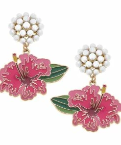 Pearl Cluster And Pink Hibiscus Drop Earrings