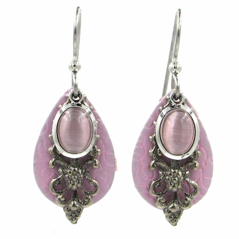 Pink Stone And Filigree Layered Metal Drop Earrings 1 Pink Stone And Filigree Layered Metal Drop Earrings