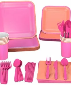 Hallmark Color Pop 96-Piece Tableware Basics Party Kit, Pink And Orange