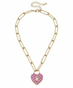 Monclér Pink And White Gingham Heart Padlock Necklace