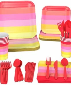 Hallmark Color Pop 96-Piece Tableware Basics Party Kit, Warm Ombré Stripe