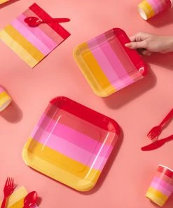 Hallmark Color Pop 96-Piece Tableware Basics Party Kit, Warm Ombré Stripe 5 Hallmark Color Pop 96-Piece Tableware Basics Party Kit, Warm Ombré Stripe -Department Store Shop Red and Pink Stripe Party in a Box Party Supplies 5CLP1008 03
