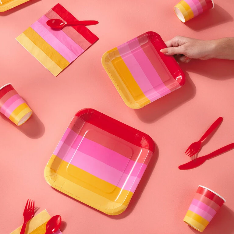 Hallmark Color Pop 96-Piece Tableware Basics Party Kit, Warm Ombré Stripe 3 Hallmark Color Pop 96-Piece Tableware Basics Party Kit, Warm Ombré Stripe - Image 3