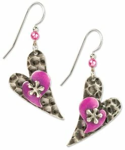 Silver And Pink Hearts Layered Metal Drop Earrings