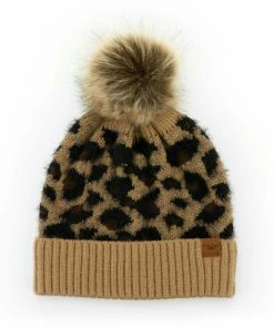 Britt’s Knits Tan Snow Leopard Women's Knit Pom Hat