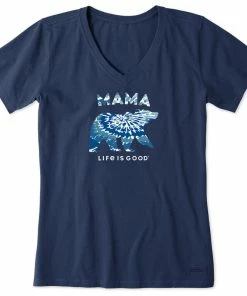 Life Is Good Mama Bear Navy V-Neck Women's T-Shirt, Medium