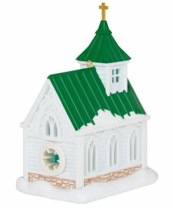 Hallmark Candlelight Service Ornament -Department Store Shop White Church With Green Steeple Keepsake Ornament 2199QGO2767 06